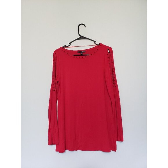 Cable & Gauge Tops - Cable & Gauge Womens M Top Long Split Sleeve Cold Shoulder Red Black Bling